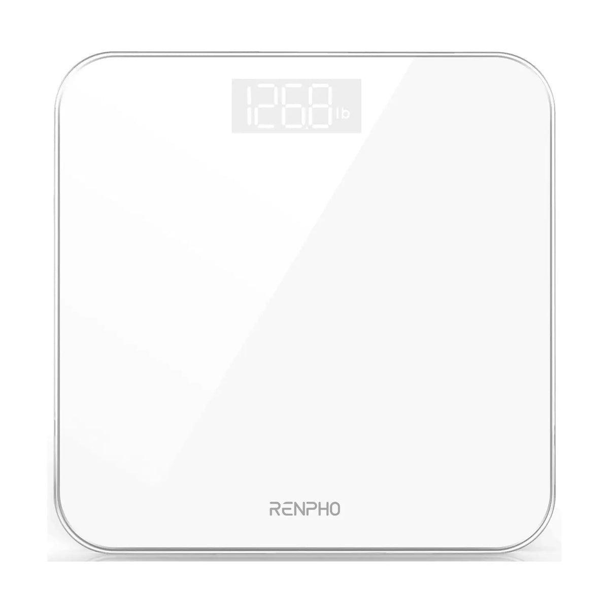 A sleek, modern Renpho EU Core 1S Bathroom Scale with a white, square-shaped design and rounded corners. The display at the top shows the weight "126.8 lb" in bright, easy-to-read digits. This advanced digital bathroom scale is ideal for precise body measurements, with a smooth and reflective surface.