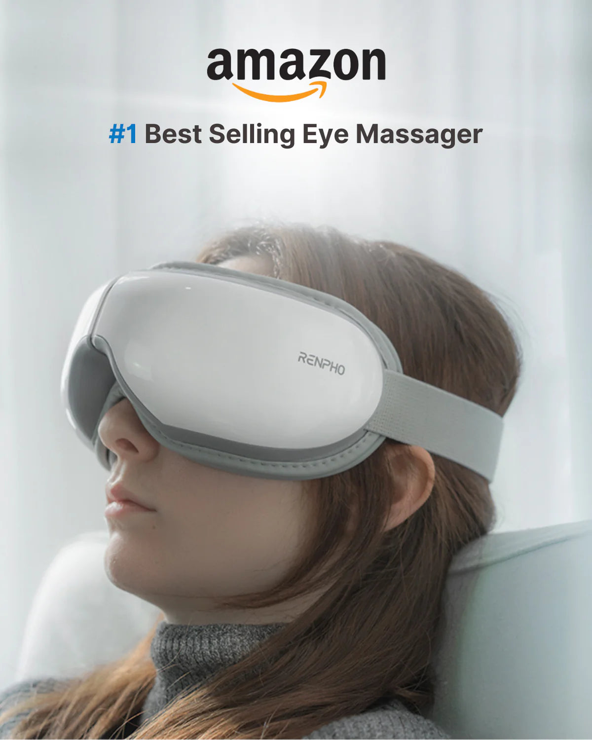 A person is reclining on a chair, wearing a Renpho EU branded Eyeris 1 Eye Massager to relieve eye strain. The person has long hair, and the eye massager's headband is secured around their head, targeting acupoints. Text above the person's head reads "Amazon #1 Best Selling Eye Massager." The background is softly lit and minimalistic.