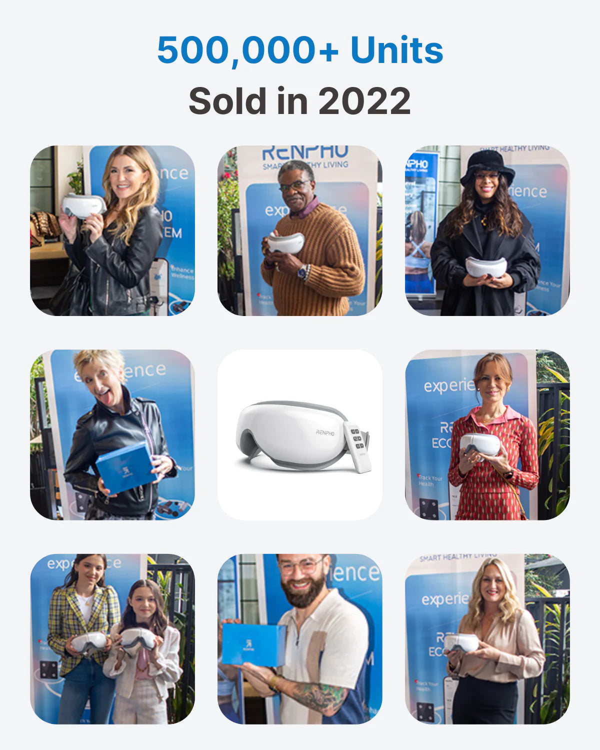 A promotional image with text "500,000+ Units Sold in 2022" highlights various people holding Renpho EU Eyeris 1 Eye Massagers. The collage showcases smiling individuals, both male and female, in different settings, all displaying the eye massager against a branded backdrop designed to emphasize its ability to relieve eye strain.