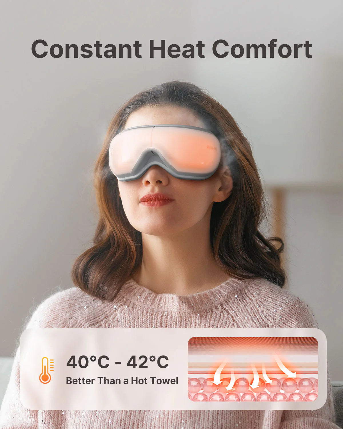 A woman with long brown hair wears a Renpho EU Eyeris 1 Eye Massager, emitting a soft orange glow, while sitting indoors. She is dressed in a pink knit sweater. Text at the top reads "Relieve Eye Strain Comfort." An inset at the bottom shows a close-up of the heating elements with text "40°C - 42°C Better Than a Hot Towel.