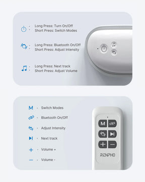 An instruction manual image for a Renpho EU Eyeris 1 Eye Massager remote. The top section explains button functions on the device: power and mode switch, Bluetooth and intensity control, next track, and volume adjustment. The bottom section details the corresponding remote buttons with similar functions to relieve eye strain by targeting acupoints.