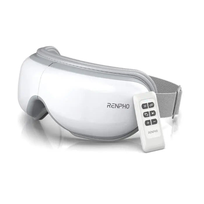 A white Renpho EU Eyeris 1 Eye Massager with a soft gray adjustable head strap, designed to alleviate eye strain by targeting acupoints, is paired with a rectangular remote control featuring six buttons labeled with different icons. The sleek, curved device displays the brand logo on the side and rests on a reflective surface.