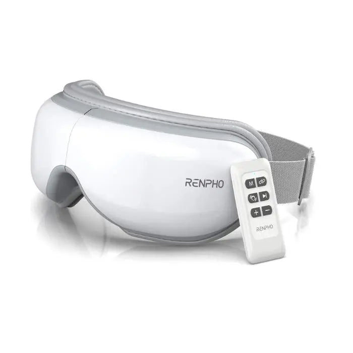 A white RENPHO Bundle eye massager, branded as Renpho EU and also known as the Eyeris 1, comes with a wireless remote. It features a soft interior and an adjustable grey strap, while the remote includes multiple buttons and symbols for customizable massage settings.