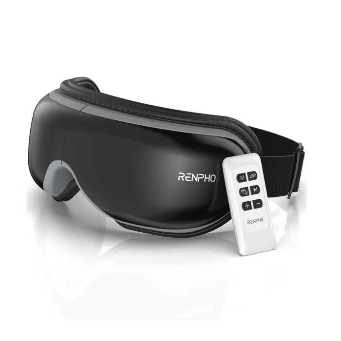A black Renpho EU Eyeris 1 Eye Massager rests on a white surface. It features a sleek design with an adjustable strap and cushioned interior, targeting acupoints to alleviate eye strain. Beside it lies a small white remote control with buttons labeled "M," "P," power, and an up and down arrow. Both display the Renpho EU logo.