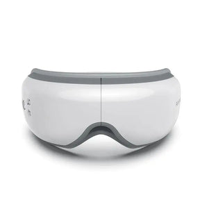 A sleek, white Eyeris 1 Eye Massager with a smooth, curved design by Renpho EU. The front features gray, contoured padding for comfort, two small control buttons on the left side, and a visible split line down the middle. This relaxing Eyeris 1 Eye Massager not only has a modern appearance but also helps relieve eye strain and treat headaches.