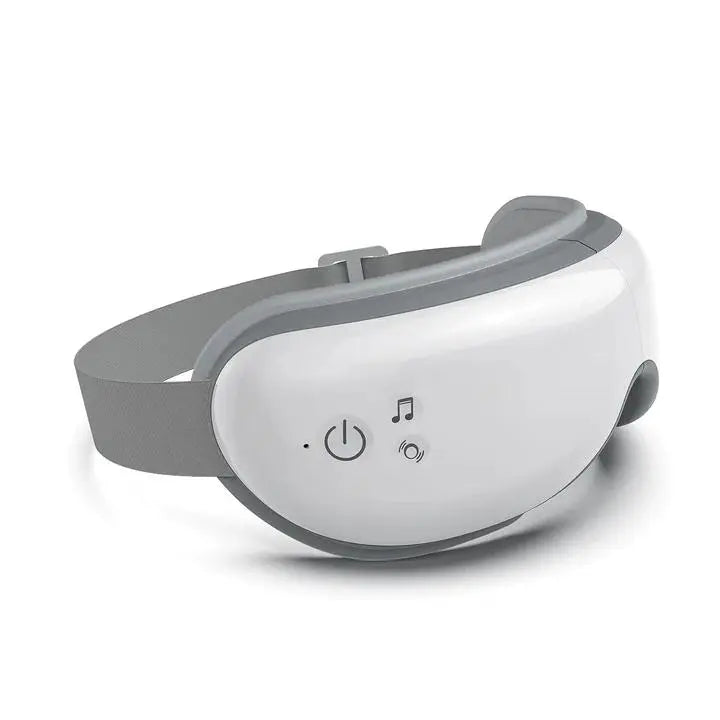 The image shows a sleek, white electronic Eyeris 1 Eye Massager by Renpho EU with a gray adjustable strap. This relaxing eye massager features three control symbols on the front: a power button, a music note indicating audio functions, and a circular icon suggesting massage or vibration settings to help relieve eye strain.