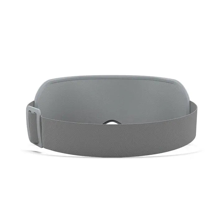 A gray Renpho EU Eyeris 1 Eye Massager viewed from the front. The headset has a smooth, minimalist design with an adjustable strap and padding for comfort. This relaxing eye massager aims to relieve eye strain while providing an immersive experience. The lenses and interior components are not visible from this angle.
