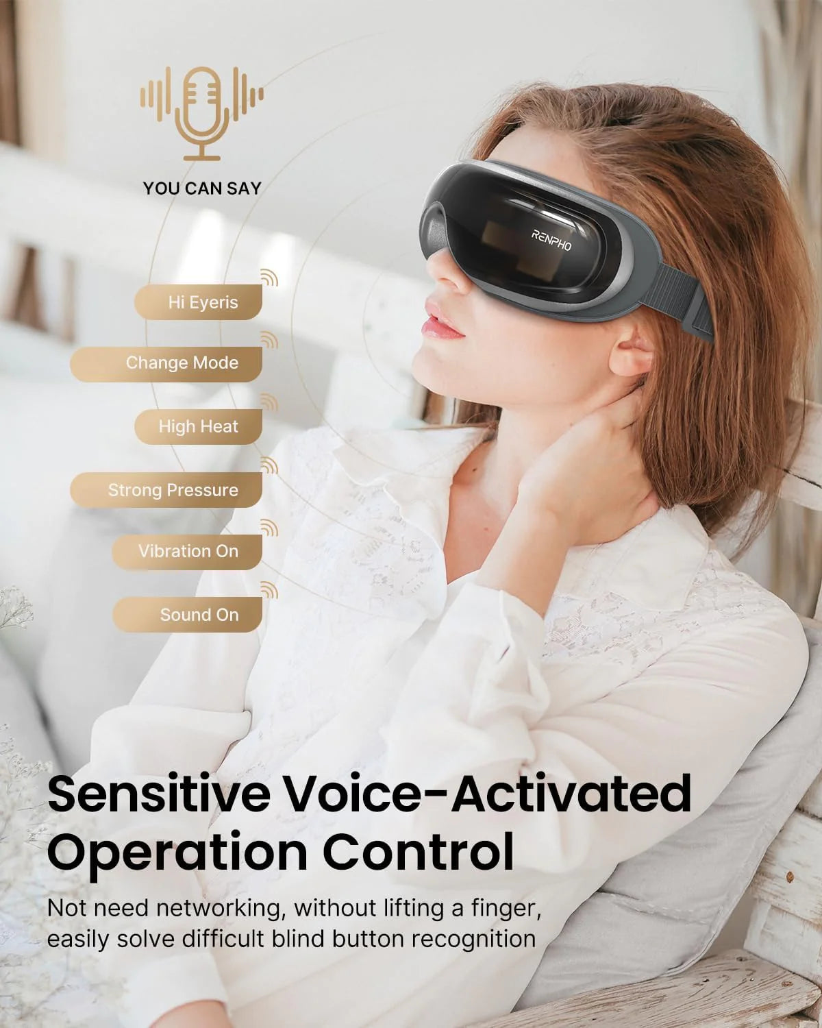 A woman wearing a white blouse is using a black and grey Renpho EU Eyeris 3 Eye Massager. Above her head are icons and text representing voice commands such as "Hi Eyeris," "Change Mode," and "High Heat." This personalized eye care provides hands-free control, ensuring ultimate convenience. Below is text about voice-activated operation control.
