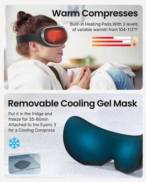 A promotional image for an eye mask product. The top half shows a woman using a heated Eyeris 3 Eye Massager with hands-free control and text: "Warm Compresses. Built-in Heating Pads, With 3 levels of variable warmth from 104-113°F." The bottom half showcases a Cooling Gel Mask with text: "Removable Cooling Gel Mask. Put it in the fridge and freeze for ultimate relaxation."
Brand Name: Renpho EU
