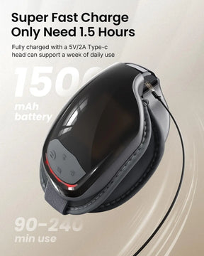 A close-up image of a black Eyeris 3 Eye Massager by Renpho EU featuring a sleek, modern design with a visible display. Text on the image highlights its super-fast charge capability, indicating that it only needs 1.5 hours to fully charge with a 5V/2A Type-C head. Additional text mentions hands-free control and personalized eye care for optimal use.