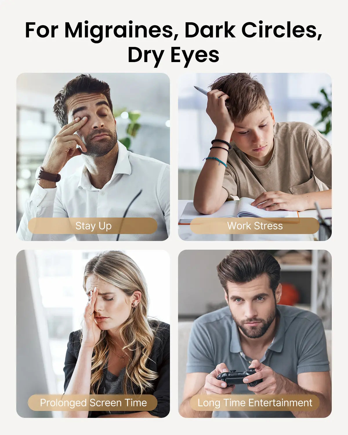 A grid of four images, each depicting a different cause of migraines, dark circles, and dry eyes. Top left: A man in a white shirt rubbing his eyes labeled "Stay Up." Top right: A boy holding his head labeled "Work Stress." Bottom left: A woman touching her temple labeled "Prolonged Screen Time." Bottom right: A man holding a game controller labeled "Long Time" with the Eyeris 3 Eye Massager by Renpho EU nearby.