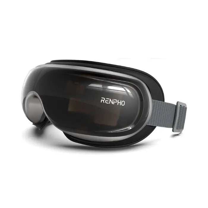 A pair of Renpho EU branded Eyeris 3 Eye Massager goggles with a sleek black and gray design. They feature a wide, tinted viewing area and a gray adjustable strap for a secure fit around the head. With built-in voice commands, these lightweight goggles offer personalized eye care, designed for comfort and relaxation.