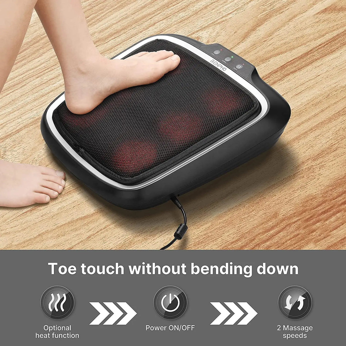 A person's foot rests on a black and red Renpho EU Foot Massager Pad placed on a wooden floor. Text on the image states "Toe touch without bending down" and highlights features like an optional heat therapy function, power on/off button, and two deep kneading massage speeds.