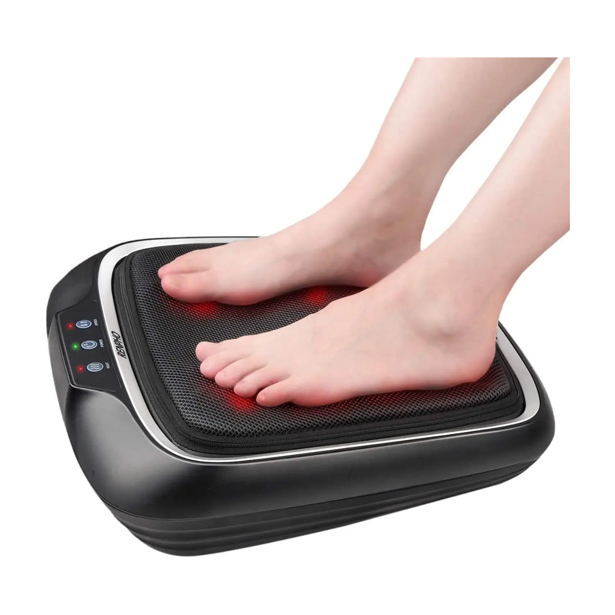 A pair of bare feet resting on a black Renpho EU Foot Massager Pad with buttons and control panel on the top edge. The device has a mesh surface and emits a red light around the feet area, indicating it's in use. The portable massager is placed against a plain white background, offering deep kneading massage.