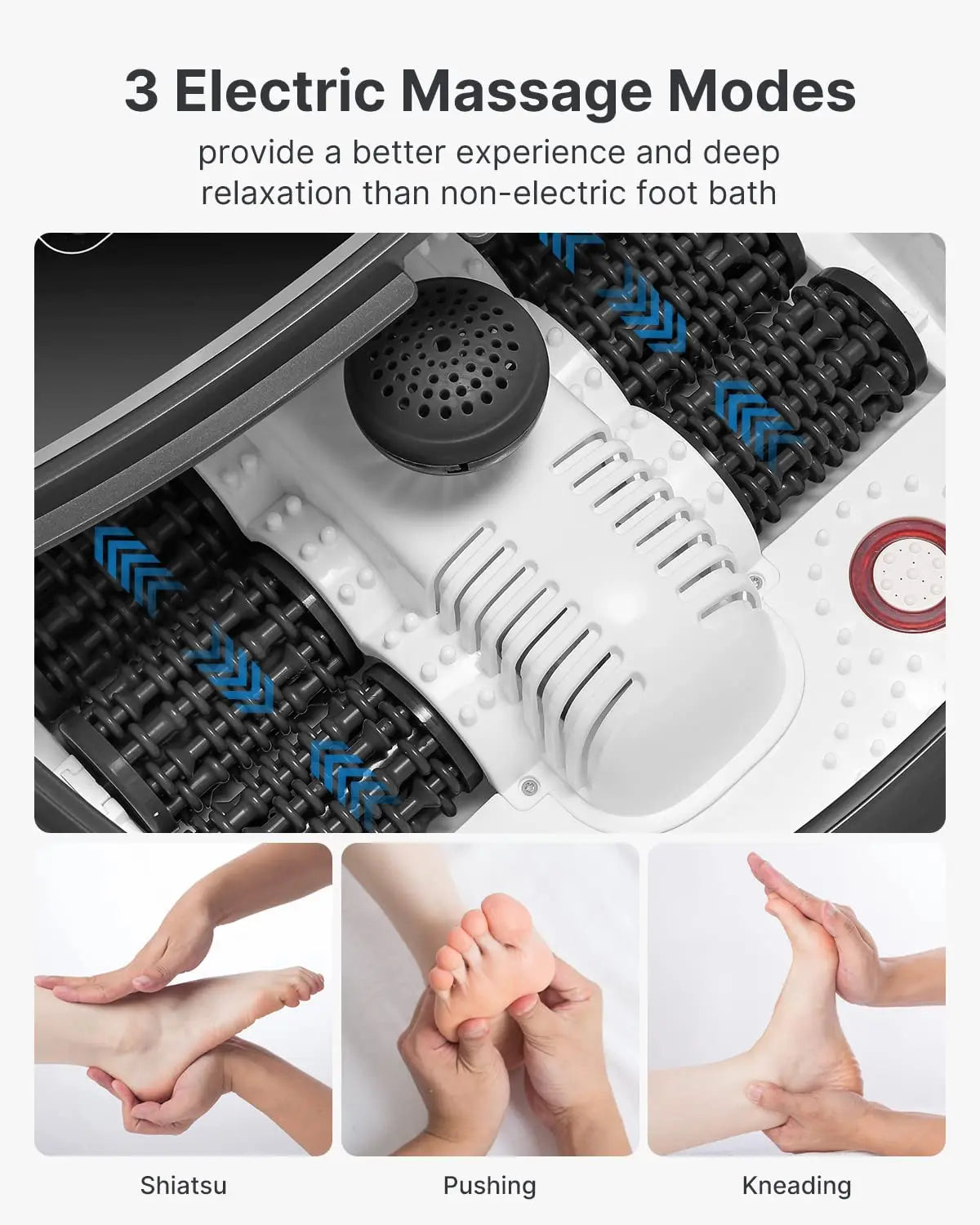 Image depicting the Renpho EU Foot Spa Massager with Fast Heating with text describing its features. The main image shows the interior of the foot spa with mechanical rollers and a bubble massager. Below are three smaller images showcasing different massage techniques: Shiatsu, Pushing, and Kneading. Text: "3 Electric Massage Modes." This advanced foot massage machine also features a PTC heater for optimal warmth and comfort.