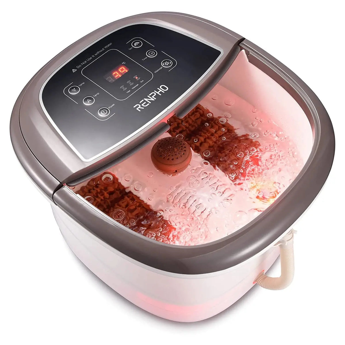 A Renpho EU Foot Spa Massager with Fast Heating is shown. The device boasts a digital display with various control buttons on a sleek black interface, including adjustable temperature settings. It is filled with water and bubbles, visible through the transparent upper section, and features a brown foot roller.