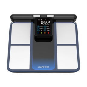 The RENPHO Bundle by Renpho EU is a digital bathroom scale with a sleek black and white color scheme. Its central display shows a weight of 182.2 pounds, accompanied by various symbols and data points. The sides of the scale feature white panels bordered in black, giving it a modern and sophisticated appearance that parallels Renpho's MorphoScan technology.