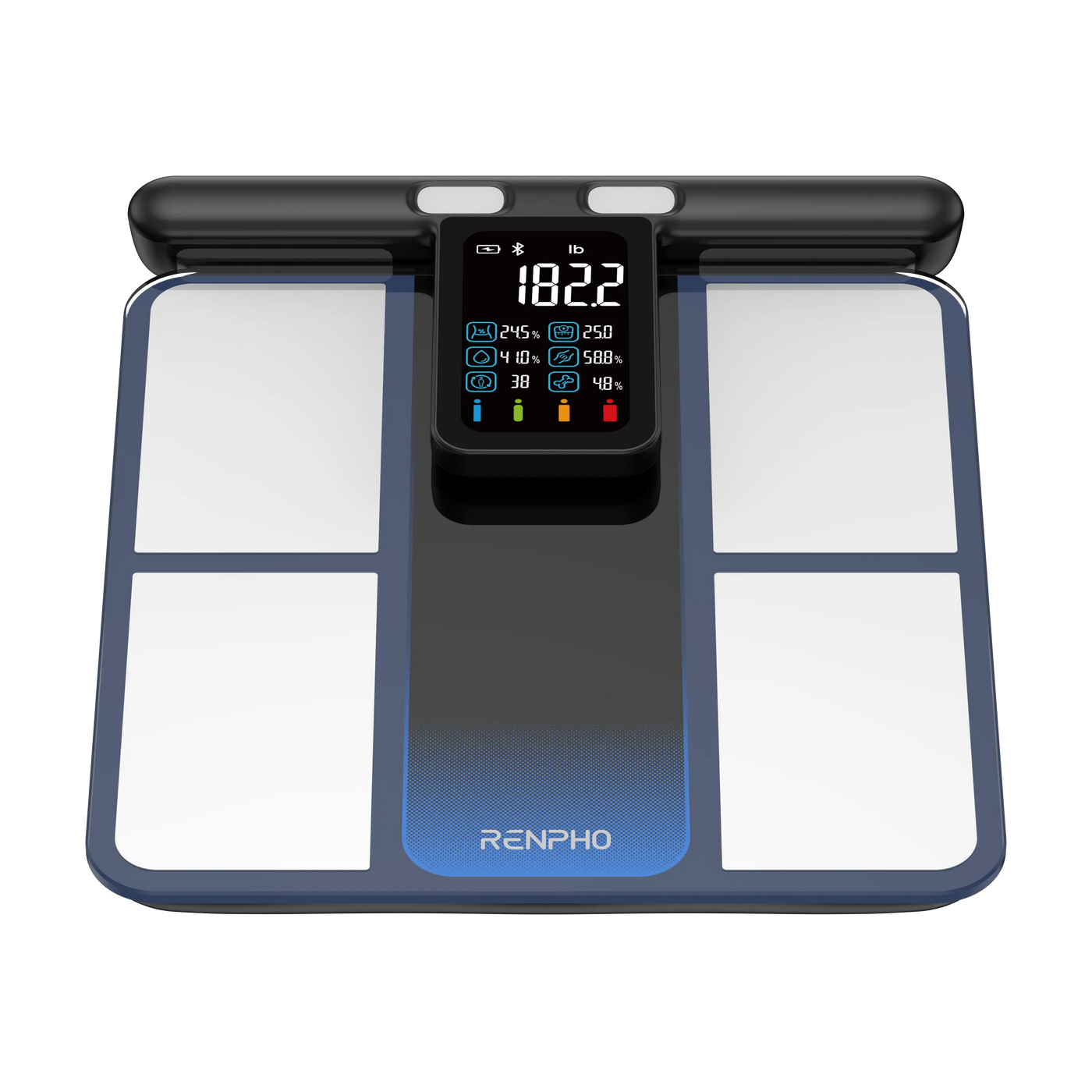 A RENPHO MorphoScan digital Renpho EU body composition scale with an illuminated central display. The screen shows various measurements, including weight, body fat percentage, and BMI. The scale has a sleek black and white design with a touch interface.