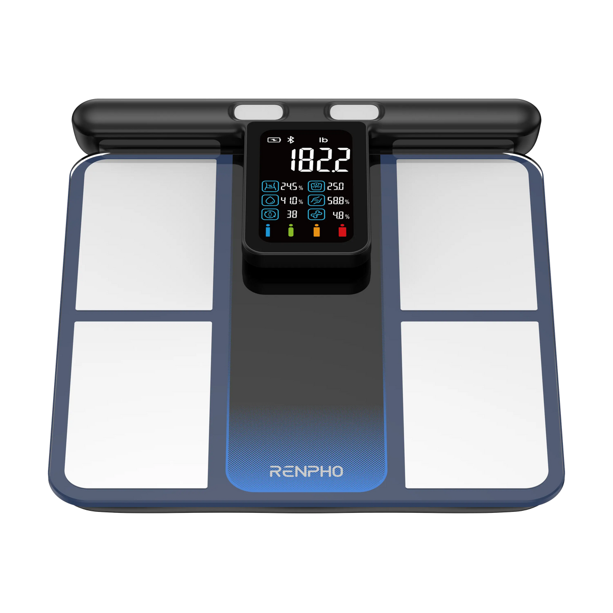 The RENPHO Goal Crushing Bundle by Renpho EU features a sleek black and metallic digital bathroom scale. Its central display screen provides various health metrics, including weight (182.2 lb), body fat percentage, muscle mass, and more. Enhanced by MorphoScan AI for precision analysis, it also includes graphical indicators in multiple colors for easy interpretation of your health data.