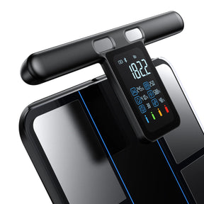 Introducing the RENPHO Bundle, a sleek black digital scale with a modern design. Created by Renpho EU, it features a rectangular platform and a handlebar with a digital display showing the weight as 182.2 lbs, complete with various icons and colored indicators. The reflective surfaces and blue accent lines add to its contemporary appeal.