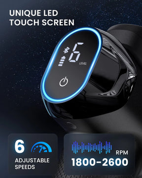 Close-up of a black RENPHO Power Massage Gun with a blue LED touch screen displaying the number 6 and a Bluetooth symbol, labeled "UNIQUE LED TOUCH SCREEN." Below, an infographic lists "6 ADJUSTABLE SPEEDS" highlighting a speed range of "1800-2600 RPM" with corresponding bar graphics. Perfect for workout recovery and easing muscle soreness.