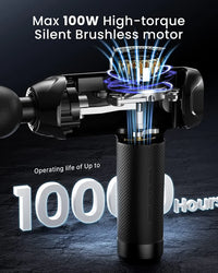 A RENPHO Power Massage Gun by Renpho EU is shown with an exposed section illustrating its internal high-torque, silent brushless motor. With a maximum power of 100W and an operating life of up to 10,000 hours, it's perfect for workout recovery and alleviating muscle soreness. The dark background accentuates the product's features.