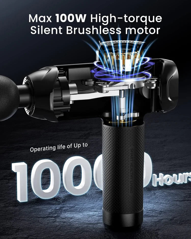 A RENPHO Power Massage Gun by Renpho EU is shown with an exposed section illustrating its internal high-torque, silent brushless motor. With a maximum power of 100W and an operating life of up to 10,000 hours, it's perfect for workout recovery and alleviating muscle soreness. The dark background accentuates the product's features.