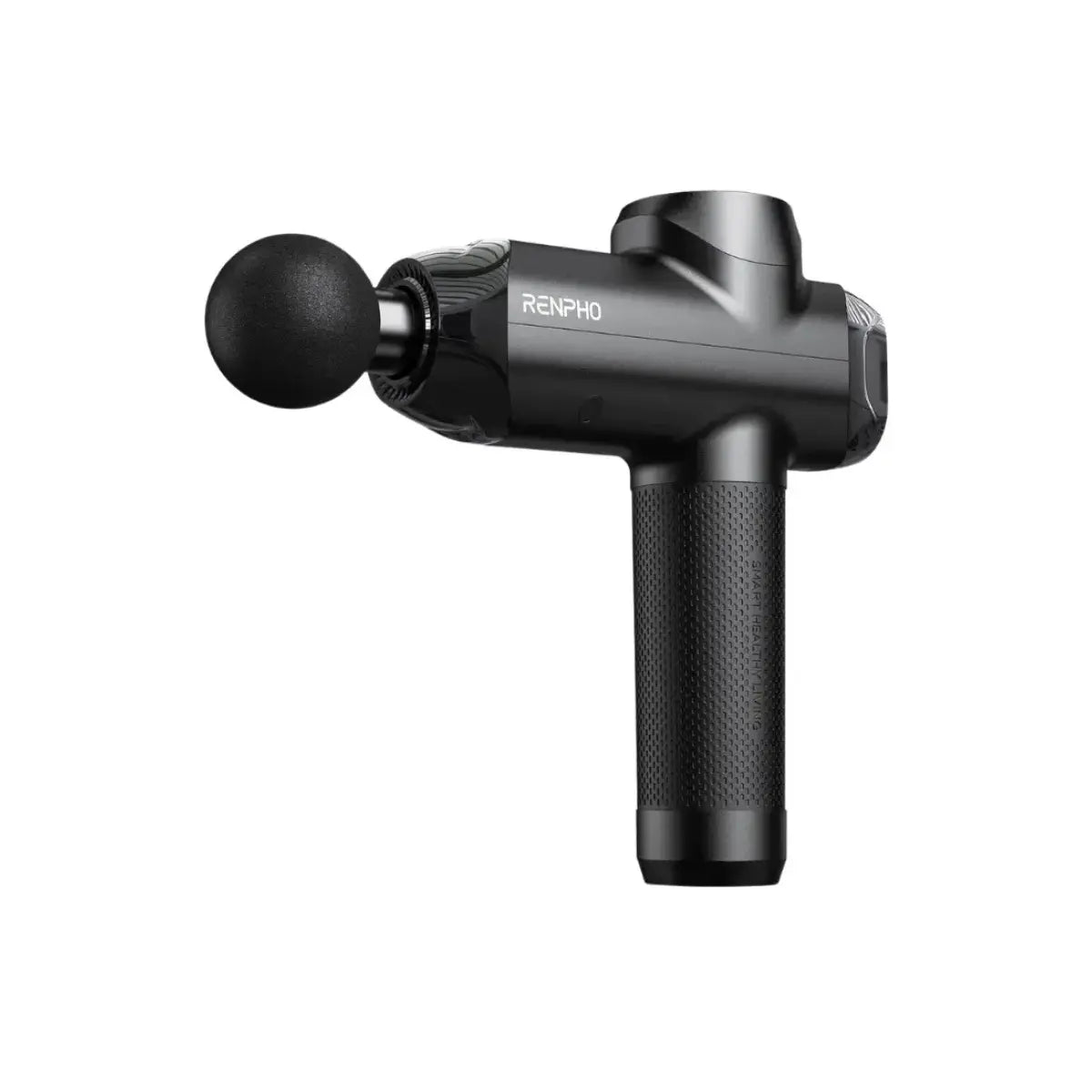 A black handheld RENPHO Power Massage Gun with the brand name Renpho EU displayed on the side. It has a cylindrical body with a textured handle for grip and a single soft, round attachment at the top, ideal for percussion therapy and muscle recovery. The device features quiet operation and a sleek, modern design.