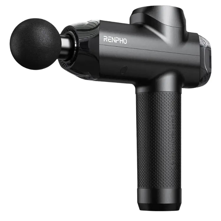 A black handheld RENPHO Power Massage Gun with the brand name Renpho EU displayed on the side. It has a cylindrical body with a textured handle for grip and a single soft, round attachment at the top, ideal for percussion therapy and muscle recovery. The device features quiet operation and a sleek, modern design.