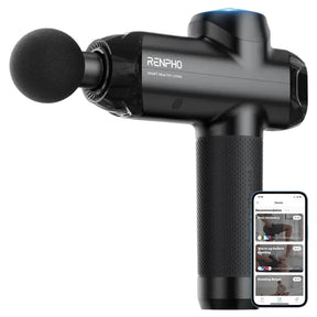 A black RENPHO Power Massage Gun by Renpho EU with a rounded attachment head. It has a textured handle and a digital display. Next to it, a smartphone showcasing an app interface with options like "Warm up before activity" and "Evening reset." The product features branding that reads "Renpho EU Smart Healthy Living".