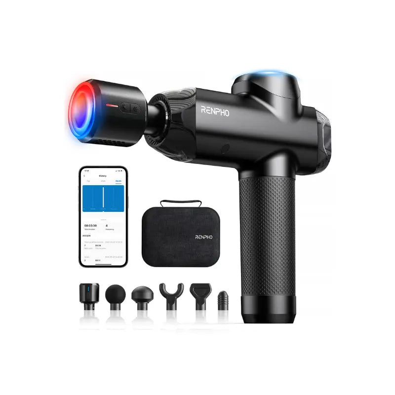 The image shows a black Renpho Power Thermacool Massage Gun by Renpho EU, complete with multiple attachments perfect for workout recovery. The package includes a carrying case, a digital control panel, five massage heads in different shapes for muscle soreness relief, and a smartphone displaying an app interface for guided instructions. The massage gun is positioned centrally.