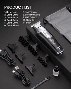 A sleek black and silver Renpho EU Professional Cordless Hair Trimmer with an LED display sits on a black surface alongside several accessories. The items include six comb attachments (1mm, 2mm, 3mm, 6mm, 9mm, 12mm), a drawstring bag, two USB cables, a small brush, and a small bottle of blade oil. A "PRODUCT LIST" is labeled.