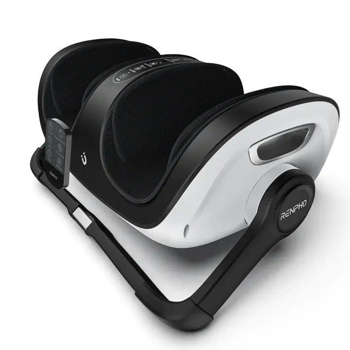 A black and white Renpho EU Shiatsu Foot and Calf Massager with a sleek, modern design. It features a control panel with buttons for various settings on the side. The heated foot massager is on a black stand, elevating it slightly from the surface to allow comfortable foot placement for the user.