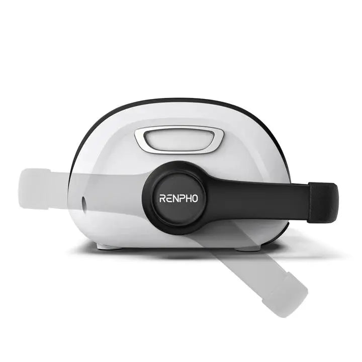 A white Renpho EU eye massager with an adjustable black elastic band is shown from the front. Its sleek design includes a rectangular screen on the top center. Transparent overlays illustrate the adjustable feature of the band, showcasing its movement outward, akin to their Shiatsu Foot and Calf Massager innovations.