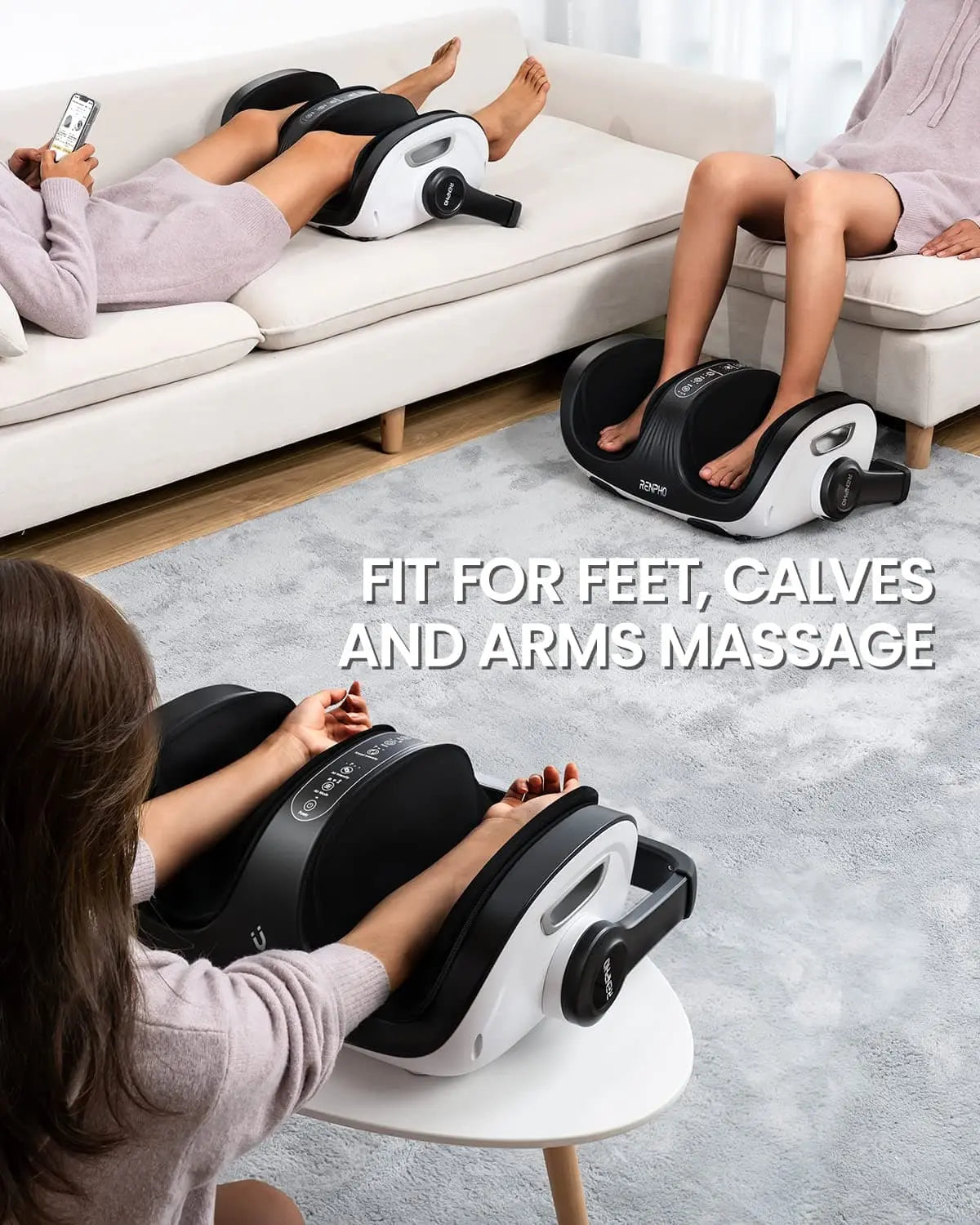 Two people, each sitting on a white couch, use the black and white Shiatsu Foot and Calf Massager by Renpho EU. One person is using it on their forearms while the other enjoys its benefits on their calves. The text "FIT FOR FEET, CALVES AND ARMS MASSAGE" is displayed prominently in the middle of the image.
