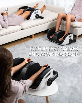 Two people, each sitting on a white couch, use the black and white Shiatsu Foot and Calf Massager by Renpho EU. One person is using it on their forearms while the other enjoys its benefits on their calves. The text "FIT FOR FEET, CALVES AND ARMS MASSAGE" is displayed prominently in the middle of the image.