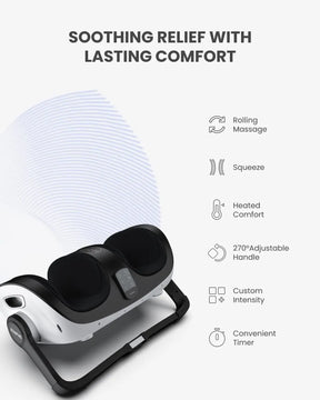 An ad for a Renpho EU Shiatsu Foot and Calf Massager with text “Soothing Relief With Lasting Comfort” at the top. To the right, icons and features are listed: Rolling Massage, Squeeze, Heated Comfort, 270° Adjustable Handle, Custom Intensity, and Convenient Timer. The device is shown below with a sleek design.