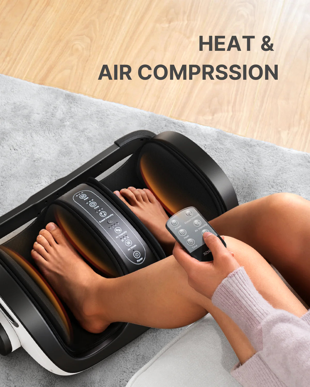 Person's feet inside a black and gray *Renpho EU Shiatsu Foot and Calf Massager* on a light gray carpet, using a remote control. The massager has digital controls and is designed for heat and air compression. Text at the top right reads, "Heat & Air Compression.