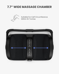 An image of the Shiatsu Foot and Calf Massager designed for calf muscles by Renpho EU. The device has a 7.7-inch wide massage chamber suitable for calves with a circumference of up to 19.7 inches. It features two black padded sections for legs, a central control panel with buttons, and blue arrows highlighting the width.