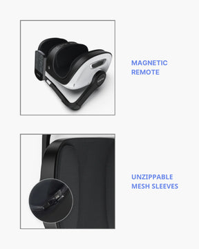 The image shows two features of the Renpho EU Shiatsu Foot and Calf Massager. The first feature highlights a "MAGNETIC REMOTE" attached to a black and white Renpho EU Shiatsu Foot and Calf Massager. The second feature showcases "UNZIPPABLE MESH SLEEVES" with a close-up of a mesh fabric's zipper.