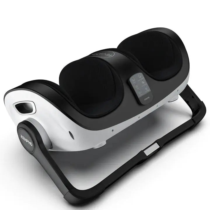 The image shows a black and white Renpho EU Shiatsu Foot and Calf Massager with a sleek design, featuring two black foot chambers for insertion. A control panel with buttons is situated on top, allowing users to adjust settings. The Shiatsu Foot and Calf Massager is set on a black frame, enhancing its modern look.