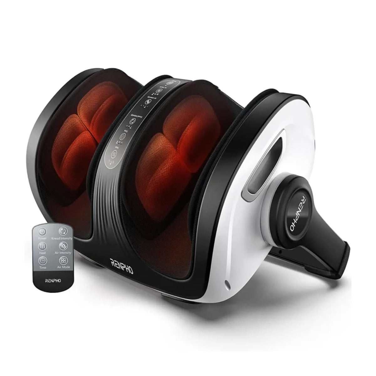 The image features a Renpho EU Shiatsu Foot and Calf Massager in a sleek black and white design. It includes a handle on the side, a digital control panel on top, and appears to have adjustable heating functions. A remote control with various settings is shown alongside the massager.
