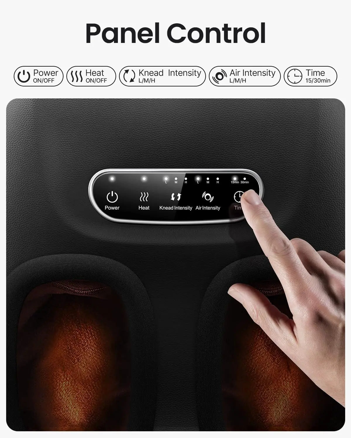 A close-up of a panel control for a Renpho EU Shiatsu Foot Massager Lite, featuring buttons for power, heat, knead intensity, air intensity, and time, with a hand pressing the time button. Icons above each button indicate their function. Text at the top reads "Panel Control," offering customization options for an enhanced massage experience.