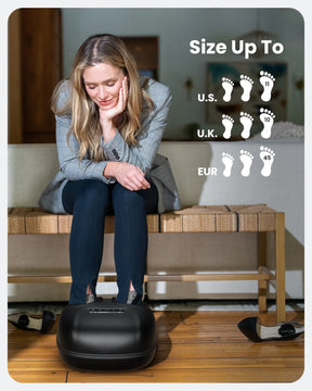 A woman sits on a bench with her hands resting on her chin, indulging in some relaxation using the Renpho EU Shiatsu Foot Massager Machine [2nd Generation]. She wears a grey blazer and navy pants, with black high heels placed beside the bench. A size chart indicates compatibility for U.S. sizes up to 11, U.K. sizes up to 10, and EUR sizes up to 45.