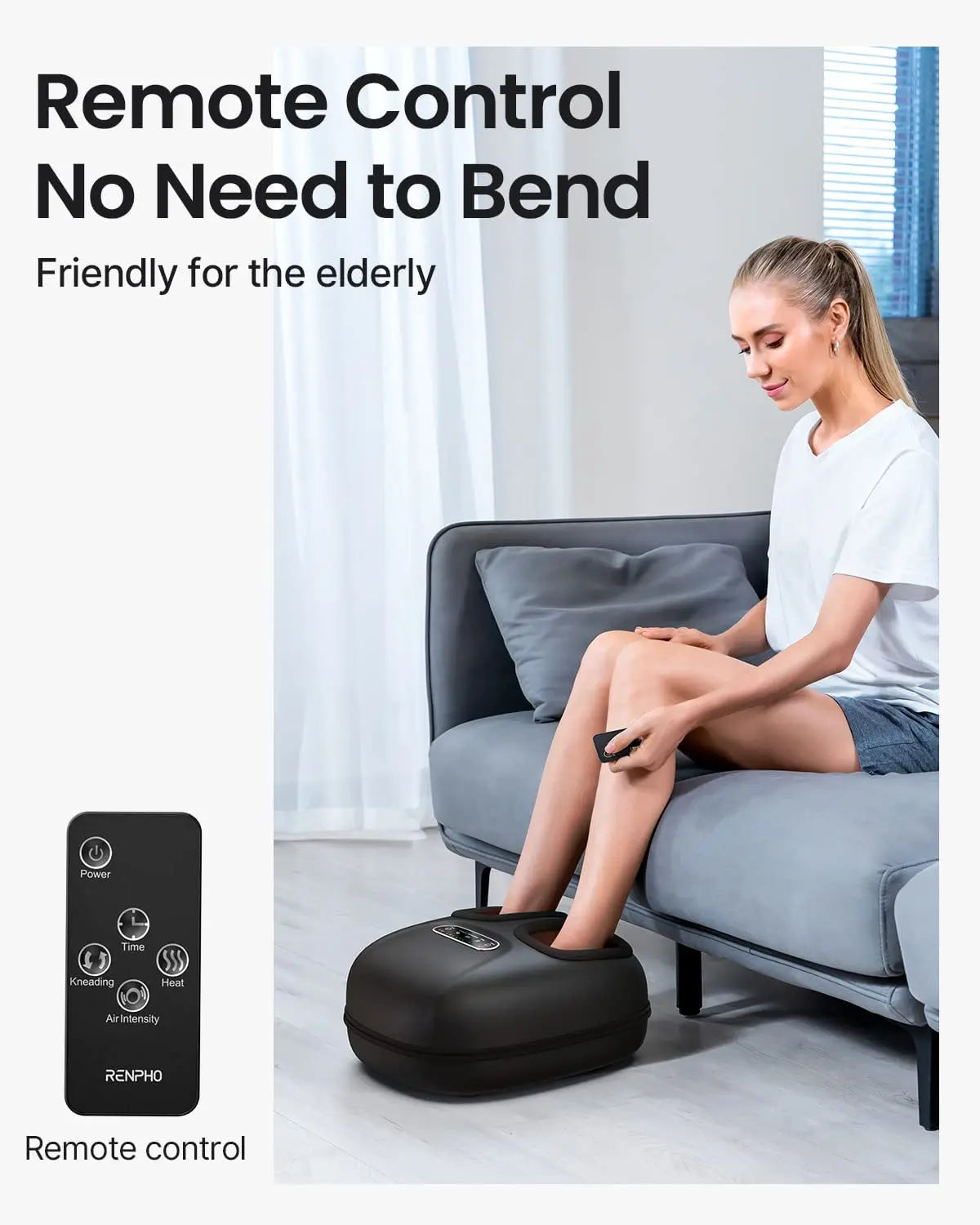 A woman sits on a grey couch using a remote control to operate a black Renpho EU Shiatsu Foot Massager Lite. She is dressed in casual clothes and appears relaxed, enjoying the soothing massage experience for sore and tired feet. The text on the image reads, "Remote Control. No Need to Bend. Friendly for the elderly." An inset shows the remote with its buttons.