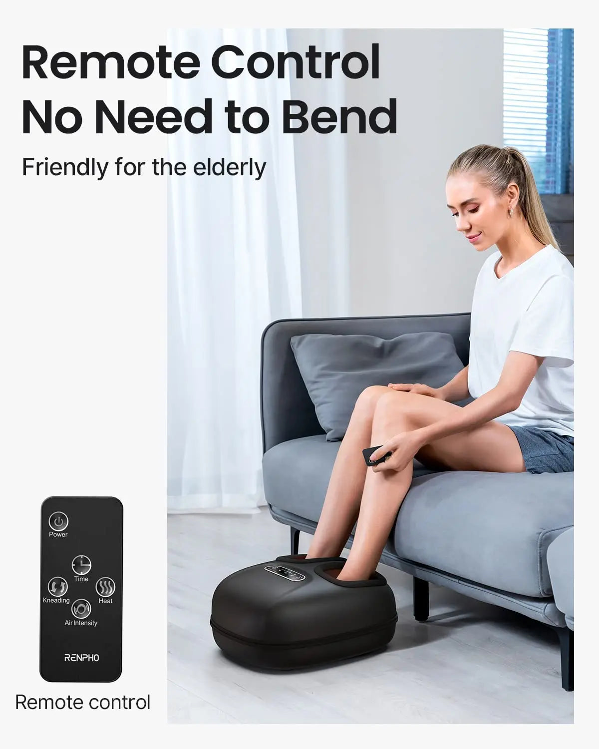 A young woman sits on a grey couch using the Renpho EU Shiatsu Foot Massager Machine with Heat, which comes in black and includes a remote control perfect for tired feet. Dressed in a white T-shirt and light pink shorts, she enjoys customizable massages without needing to bend. The image promotes the massager as "Remote Control, No Need to Bend - Friendly for the elderly.