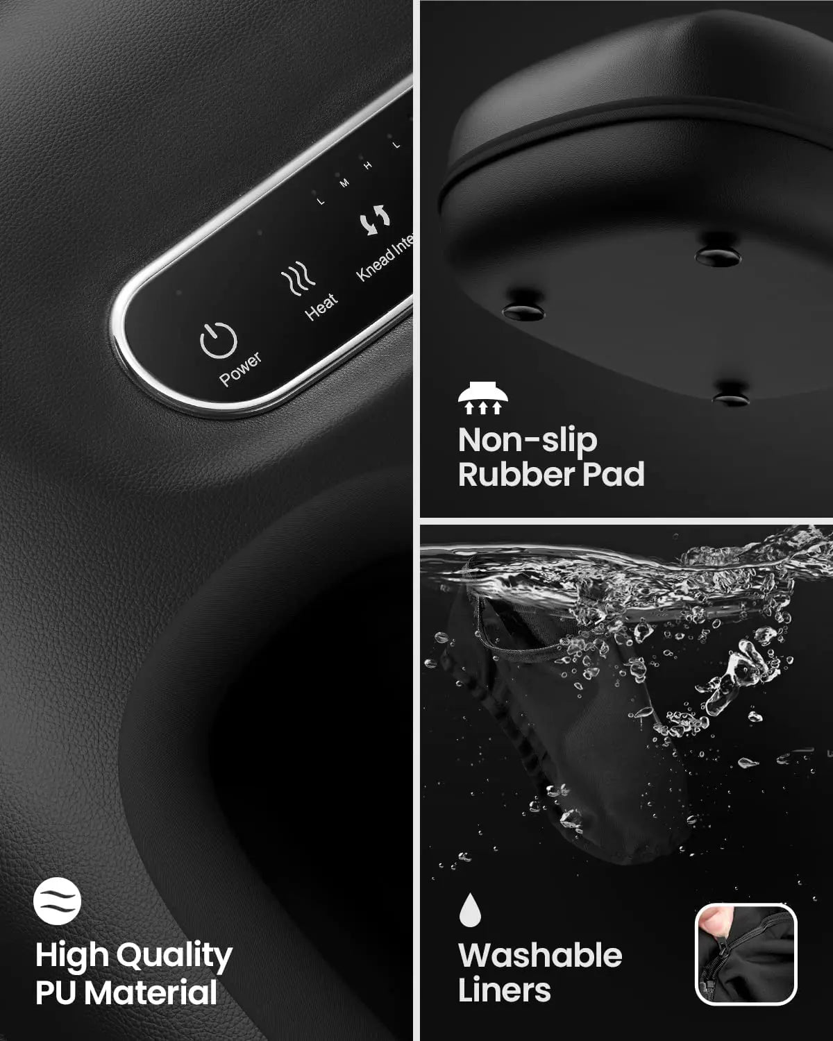 A collage image showcasing features of the Shiatsu Foot Massager Lite by Renpho EU. Top left: a panel with controls labeled "Power," "Heat," "Knead" for a customized massage experience. Top right: a non-slip rubber pad. Bottom left: text, "High Quality PU Material." Bottom right: washable liners submerged in water. The design is minimalistic with a black background.