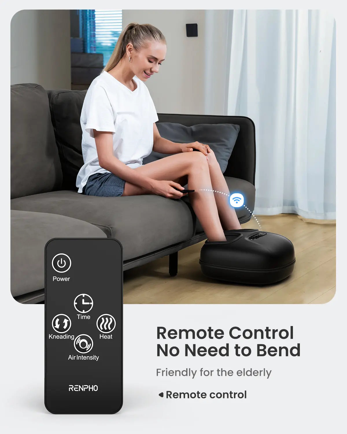 A woman relaxes on a gray sofa, using the Renpho EU Shiatsu Foot Massager Machine [2nd Generation] placed on the floor to enjoy a customizable massage. She appears comfortable, smiling slightly, and dressed in a white T-shirt and shorts. In the foreground is a remote control featuring various settings such as power, kneading, time, heat, and air intensity. Text on the image reads, "Remote Control No Need to Bend. Friendly for