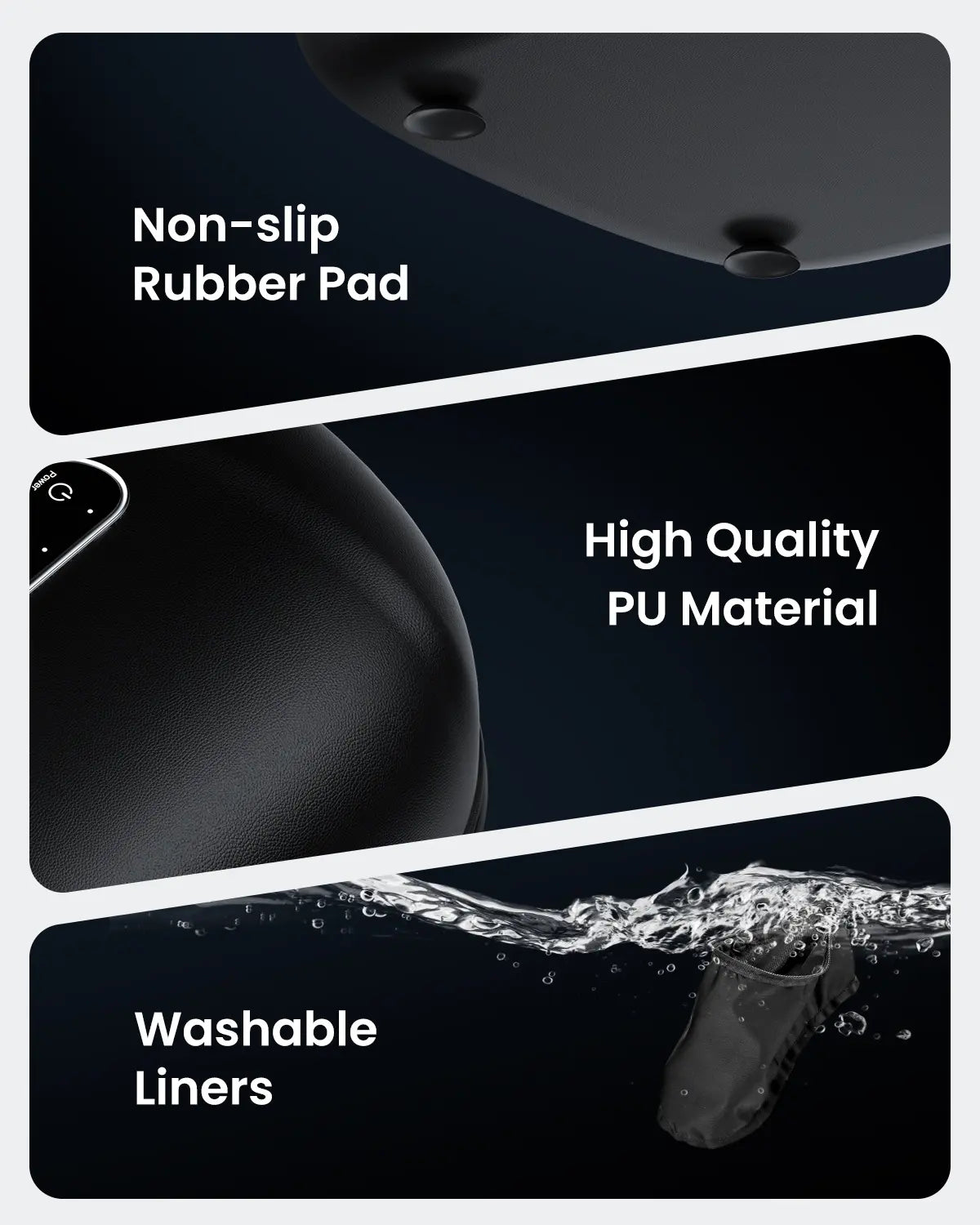 An image showcasing the features of the Shiatsu Foot Massager Machine [2nd Generation] by Renpho EU. The top section highlights a non-slip rubber pad, designed to relieve sore feet. The middle section focuses on the high-quality PU material, ensuring durability and comfort. The bottom section features washable liners, with an image of liners being submerged in water for easy cleaning.