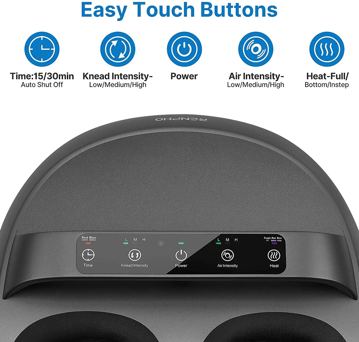 Image of a Renpho EU Shiatsu Foot Massager with Handle control panel. The panel features easy touch buttons for time settings (15/30 minutes with auto shut-off), knead intensity (low/medium/high), power, air intensity (low/medium/high), and heat settings (full, bottom/instep). Enjoy shiatsu kneading and a soothing foot massage.